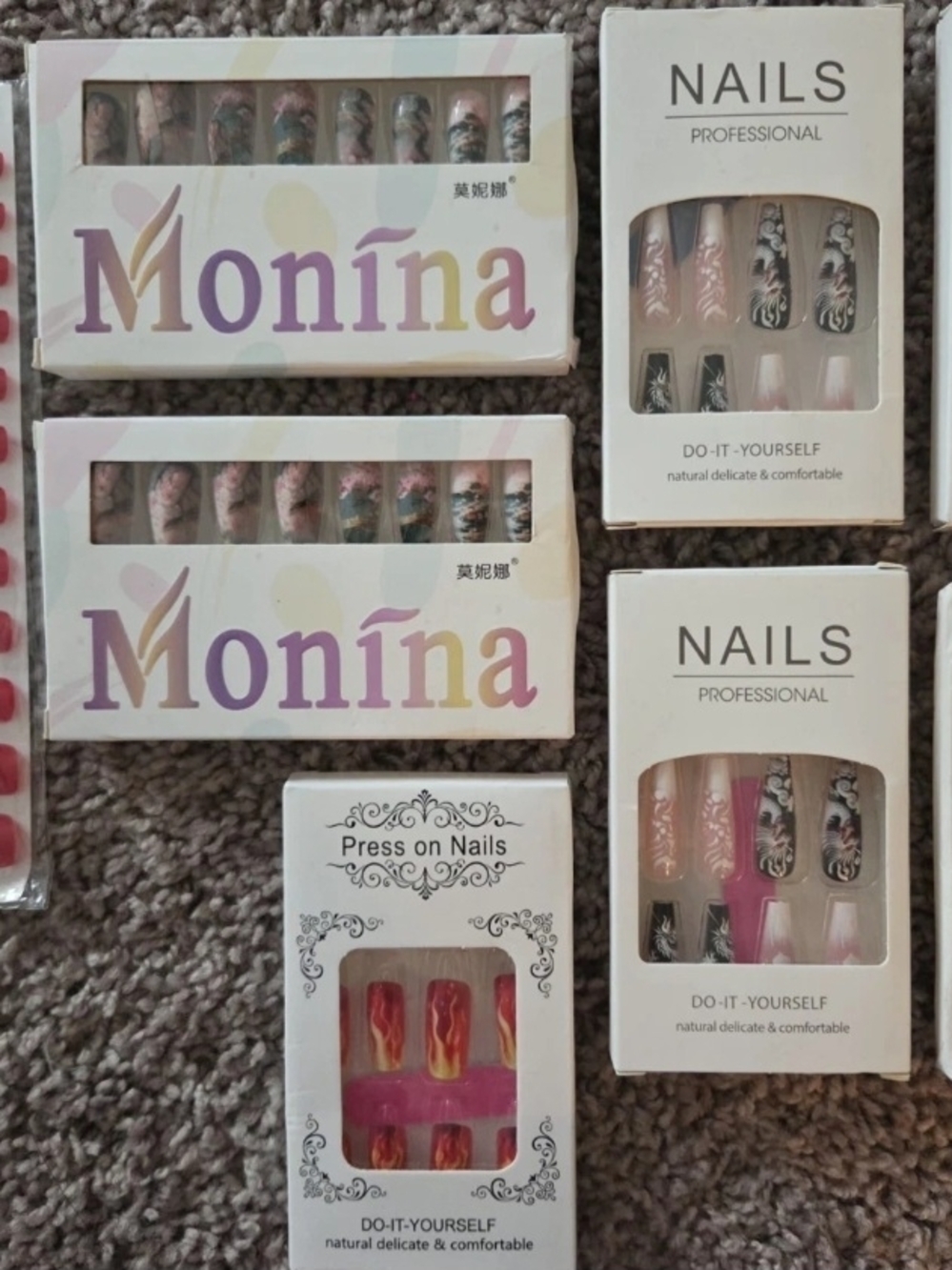 Monina & Assorted Press-On Nails - Pink, Black, Nude, Red, Orange